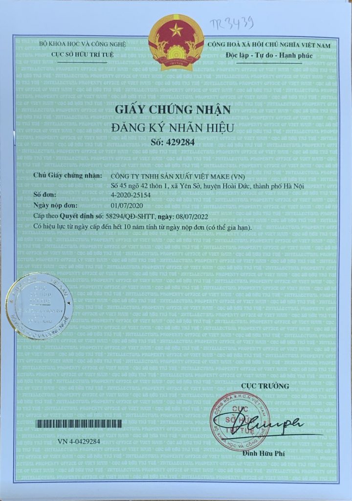 Giấy chứng nhận đăng ký nhãn hiệu - Công ty TNHH Sản Xuất Việt Make