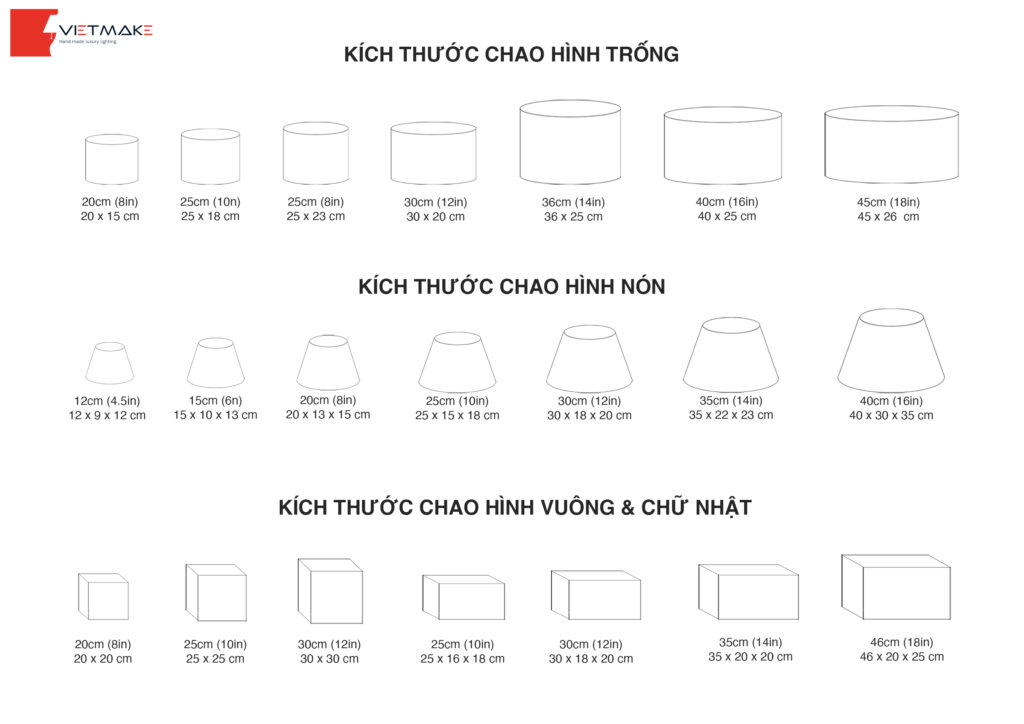 Kích thước chao đèn - chụp đèn thông dụng